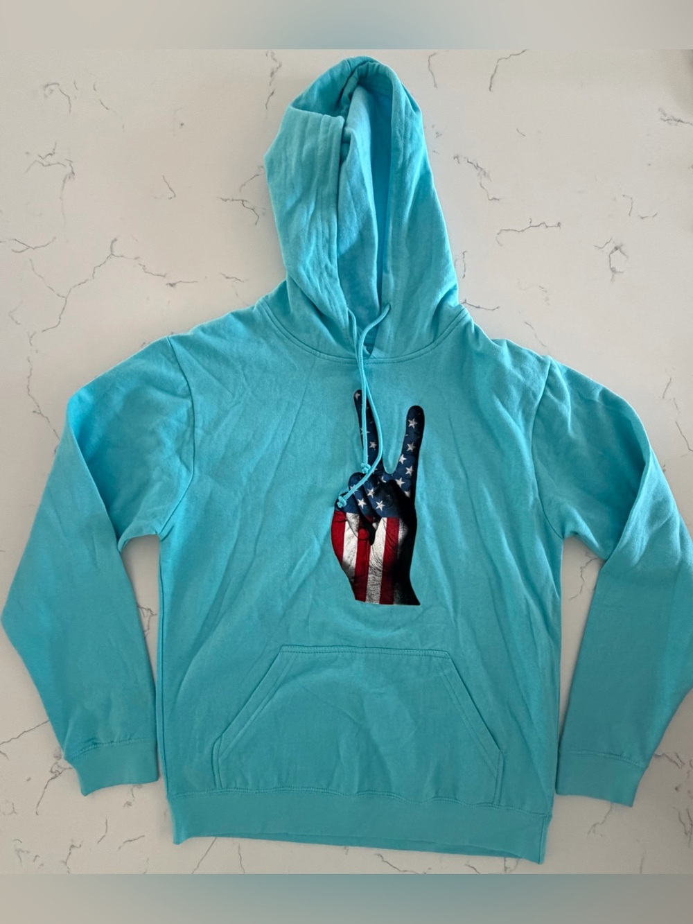 Delta Fleece Peace Sign American Flag Hoodie Turquoise Blue M NWOT